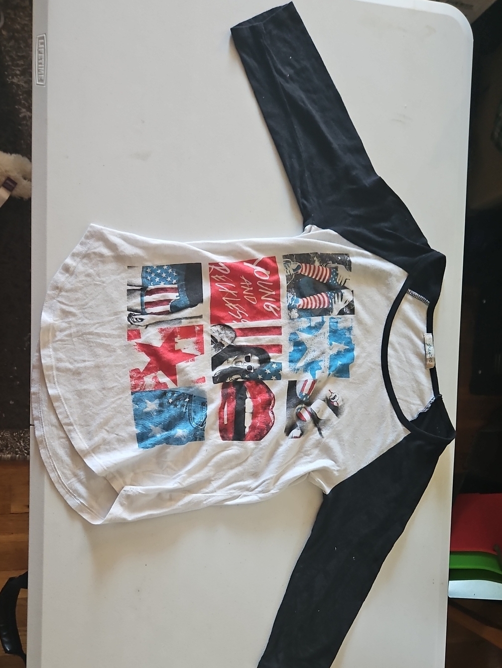 freebird White Raglan Long Sleeve Tee with Red and Blue Graphic